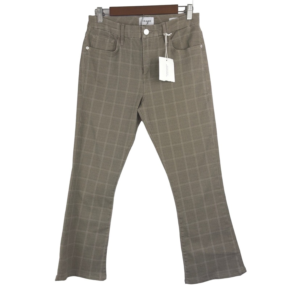 FRAME Le Crop Mini Boot Plaid Windowpane Cropped Pants Tan White Mid Rise 29 - Picture 5 of 16